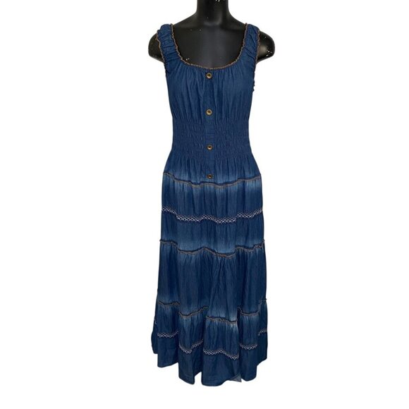 LAPIS Chambray Cotton Tiered Maxi Dress in Blue Size Large - Picture 1 of 7